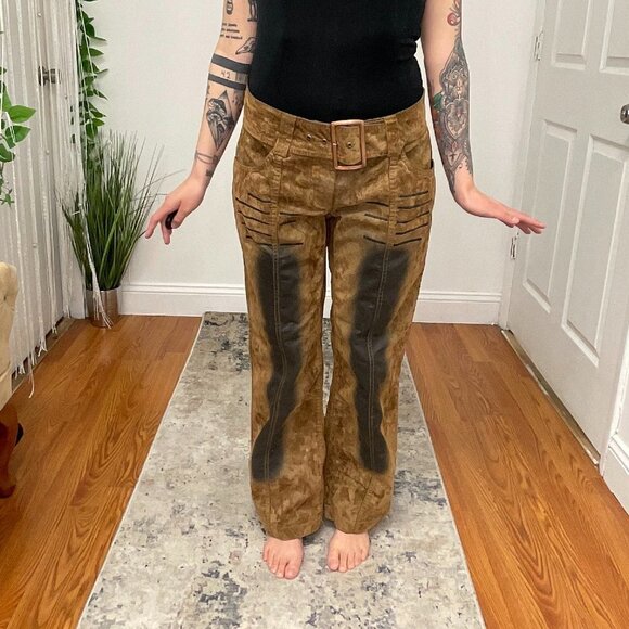 Y2K Melrose Relaxed Fit Mid Rise Camo Flare Pants Belted Waist Size 32 Brown - Picture 6 of 7